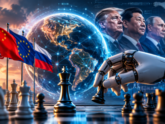 Robot junto a un globo terráqueo y los líderes de China, Estados Unidos y Rusia analizando la Geopolítica e Inteligencia Artificial.