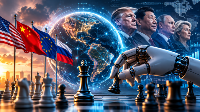 Robot junto a un globo terráqueo y los líderes de China, Estados Unidos y Rusia analizando la Geopolítica e Inteligencia Artificial.