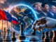 Robot junto a un globo terráqueo y los líderes de China, Estados Unidos y Rusia analizando la Geopolítica e Inteligencia Artificial.