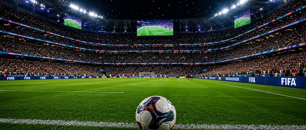 Balón de fútbol sobre el césped de un estadio repleto durante el Mundial 2026, símbolo del récord de ingresos proyectado por la FIFA.