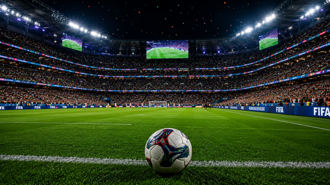Balón de fútbol sobre el césped de un estadio repleto durante el Mundial 2026, símbolo del récord de ingresos proyectado por la FIFA.