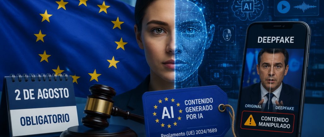 Representación digital de la Ley de IA de la Unión Europea con etiquetas de advertencia sobre contenidos generados por inteligencia artificial.