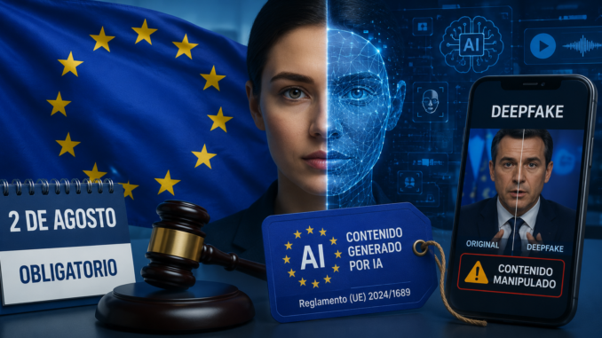 Representación digital de la Ley de IA de la Unión Europea con etiquetas de advertencia sobre contenidos generados por inteligencia artificial.