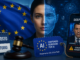 Representación digital de la Ley de IA de la Unión Europea con etiquetas de advertencia sobre contenidos generados por inteligencia artificial.