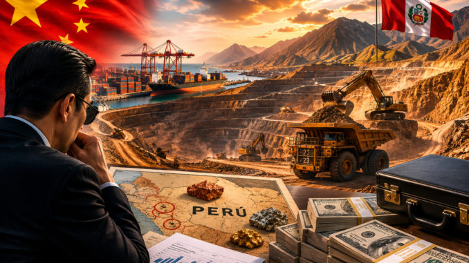 Vista panorámica de una mina de cobre en Perú con elementos que representan la inversión china y el contexto geopolítico.