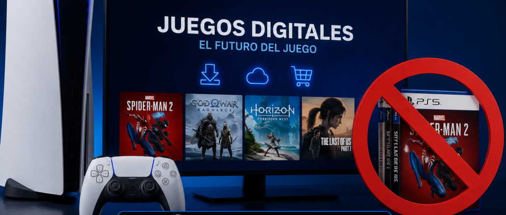 Consola de videojuegos con interfaz de biblioteca digital que representa la transición de PlayStation hacia los juegos exclusivamente digitales.