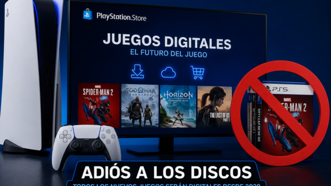 Consola de videojuegos con interfaz de biblioteca digital que representa la transición de PlayStation hacia los juegos exclusivamente digitales.