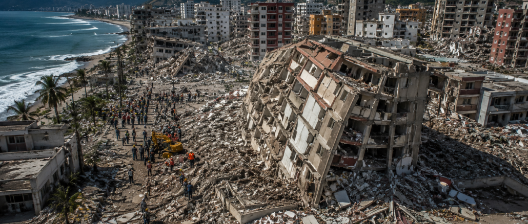 Vista aérea de edificios colapsados y equipos de rescate trabajando entre los escombros tras el terremoto que devastó La Guaira, Venezuela.