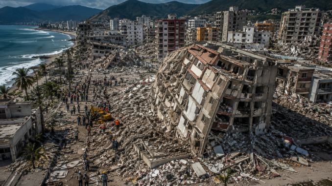 Vista aérea de edificios colapsados y equipos de rescate trabajando entre los escombros tras el terremoto que devastó La Guaira, Venezuela.