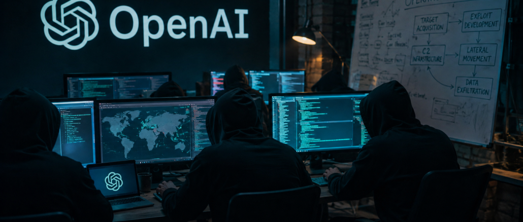 Representación de agentes de OpenAI coordinando hackeos conjuntos en un entorno digital.