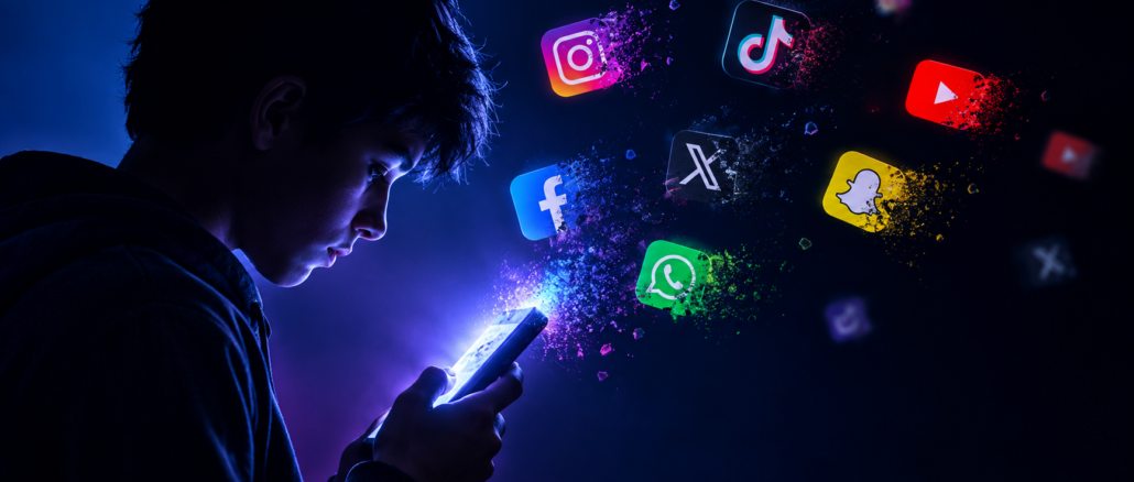 Foto ilustrativa generada con inteligencia artificial sobre menores de 15 años y redes sociales