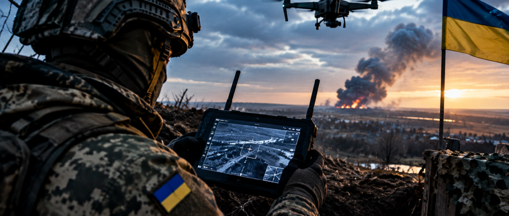 Imagen ilustrativa creada con IA sobre la guerra tecnológica en Ucrania y el uso de drones.