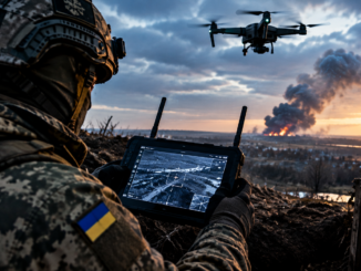 Imagen ilustrativa creada con IA sobre la guerra tecnológica en Ucrania y el uso de drones.