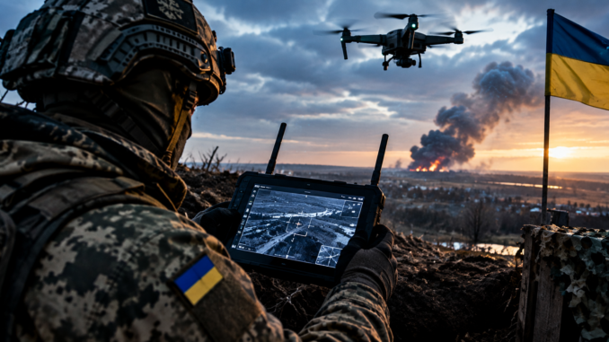 Imagen ilustrativa creada con IA sobre la guerra tecnológica en Ucrania y el uso de drones.