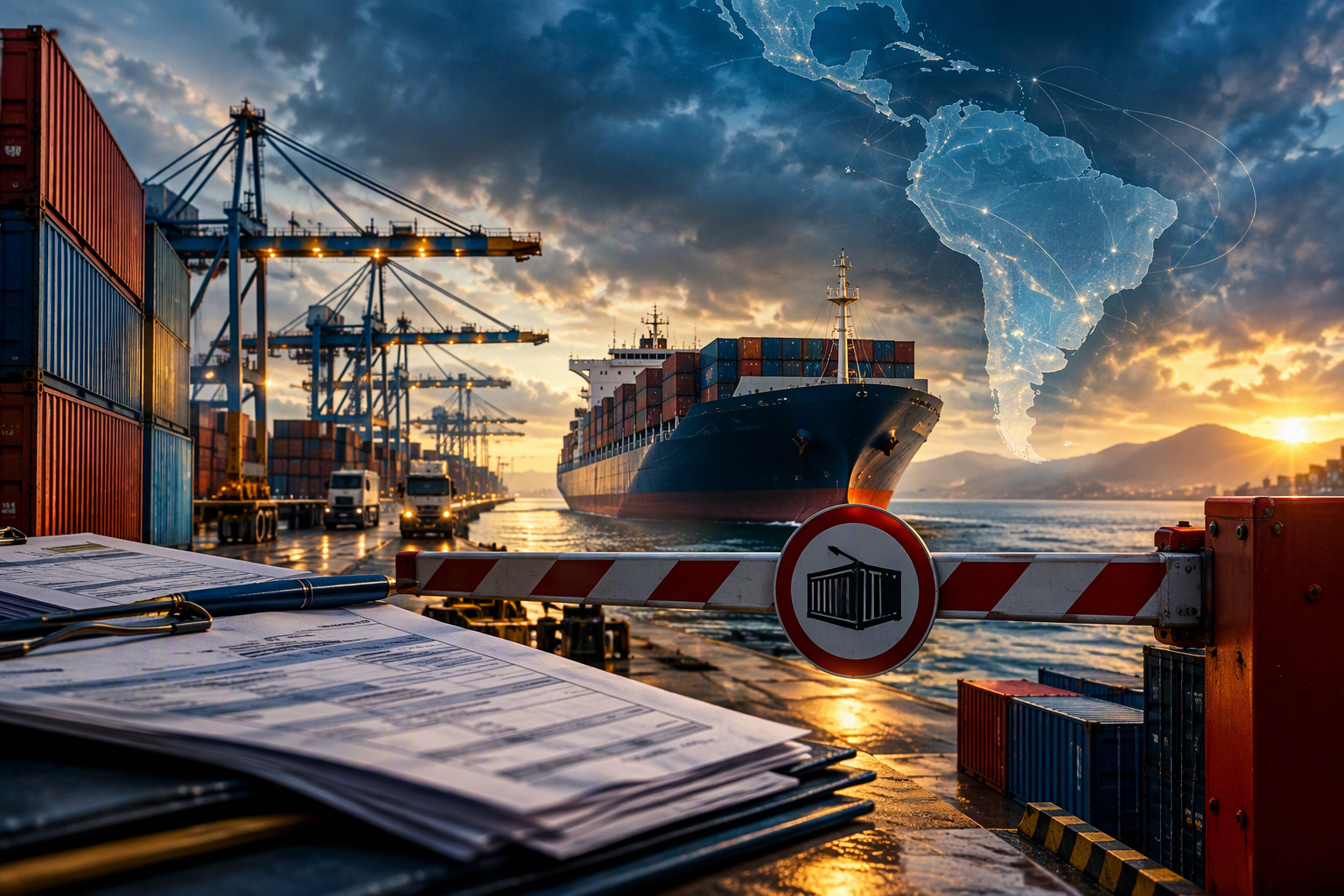 Contenedores en un puerto latinoamericano durante la reconfiguración del comercio internacional por los aranceles de 2026