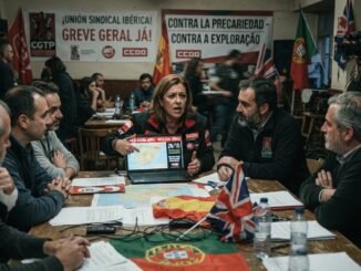 Imagen ilustrativa generada con inteligencia artificial sobre una posible huelga general ibérica