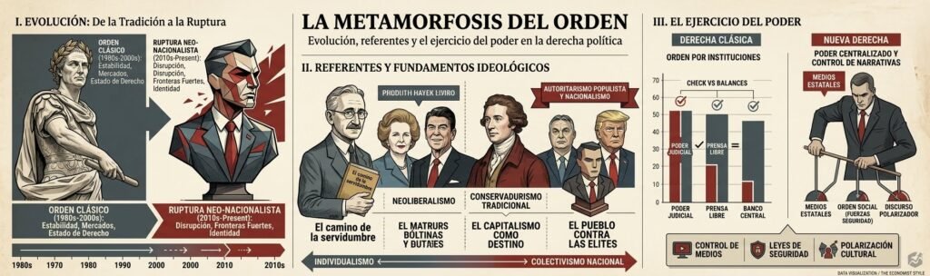 Infografía estilo editorial sobre la metamorfosis del orden y la evolución de la derecha política, detallando referentes ideológicos y el ejercicio del poder.
